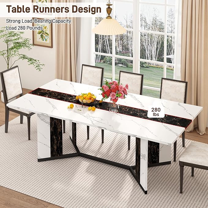 71 inch Dining Table for 4 5 6 | Modern White&Black Rectangular Kitchen Table W/Waterproof Wood Tabletop,Farmhouse Long Dining Room Tables W/Adjustable Legs&Wood Strip Base for Kitchen Living Room