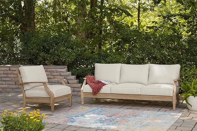 Signature Design by Ashley Carter Hall Outdoor Eucalyptus Wood Patio Sofa – Cushioned with UV-Resistant Nuvella Fabric, 5-Step Protective Finish, Beige