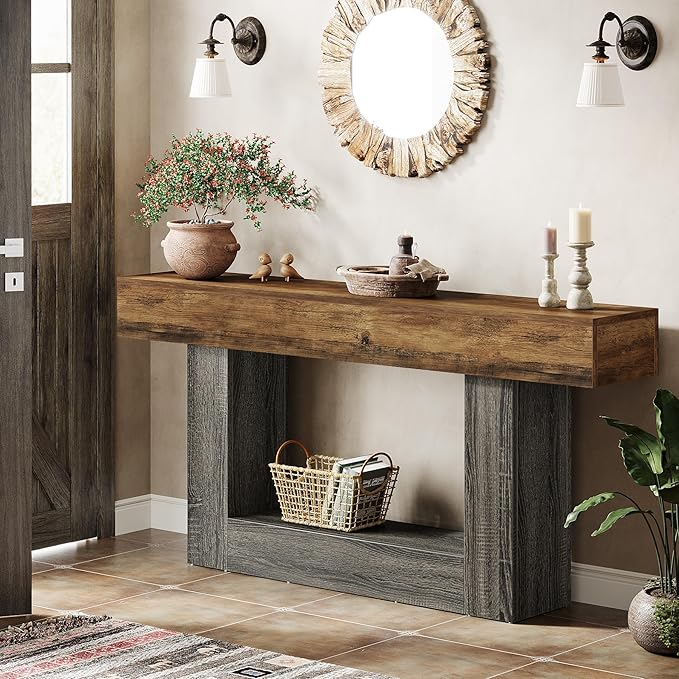 Tribesigns 63" Console Table, Farmhouse 2-Tier Entryway Table with U-Shaped Base, Narrow Long Wood Sofa Table Behind Couch Table for Living Room, Hallway, Foyer, Vintage Brown & Gray
