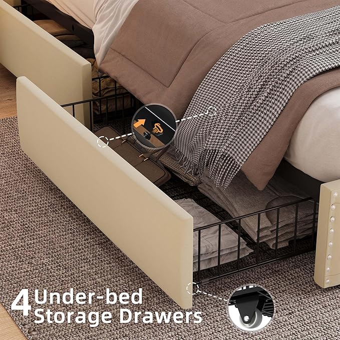 BRELTAM Queen Size Bed Frame with 4 Storage Drawers Platform Bed with Headboard,Upholstered Velve Tufed Bed Frame&LED Light and Charging Station,Heavy Duty Wood Slats,Noise Free,Easy Assembly,Beige