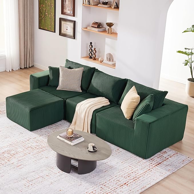 107.4" Cloud Couch Sectional, Modular Sofa with Deep Seat, Plush Corduroy L Shaped Boneless Couch, Convertible Sectional Couches for Living Room, 4Seat, Green