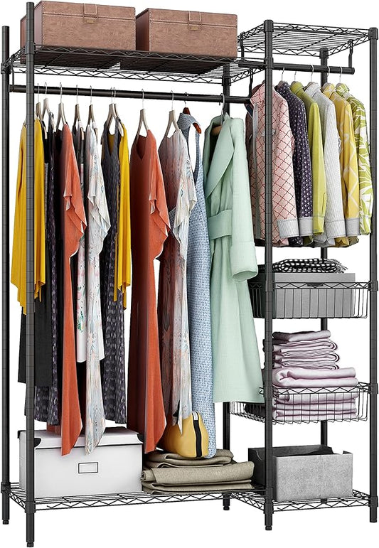 Xiofio 6 Tiers Heavy Duty Clothes Rack,Metal Clothing Rack, Adjustable Clothing Rack with Hanging Rod and Wire Fixing Baskets,Max Load 600LBS,Black