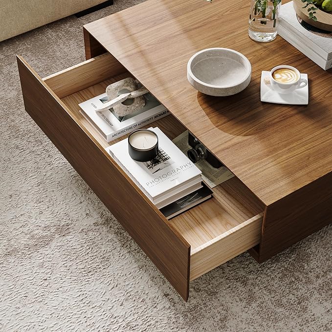 POVISON Modern Square Coffee Table with Storage, 35.43" Wood Coffee Table for Living Room Table Walnut, Fully Assembled
