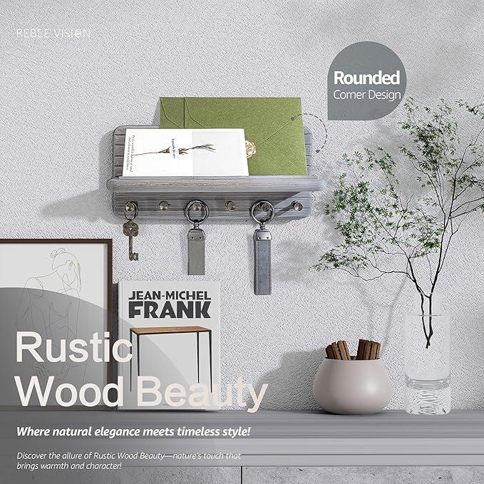 Rebee Vision Pine Wood Key Holder Wall Mount for Room Decor Aesthetic – Wooden Key Holder for Wall with 6 Hooks & Floating Shelf - Farmhouse Home Organization Accent (Distressed Gray)