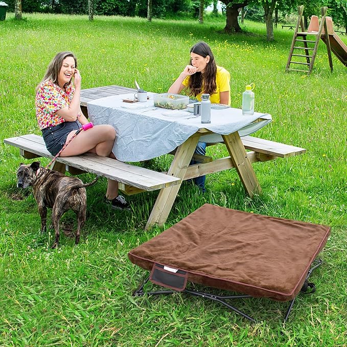 unp Outdoor Lifted Dog Bed - Pop up Dog Cot Bed for Medium Dogs, Washable Plush Cover & Carrying Bag - 26.7 x 26.7 x 10 inch Dog Camping Chair for Lawn (Brown, M)