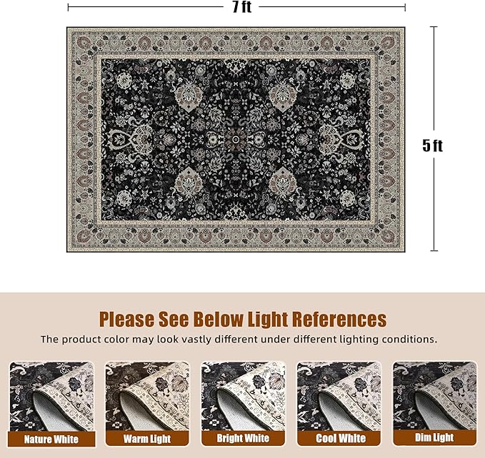 Floral Living Room Rug 5x7 Washable Rugs Boho Vintage Oriental Large Foldable Faux Wool Carpet for Bedroom Nursery Room Dorm Kids Playroom Home Office Blcak Navy Multi