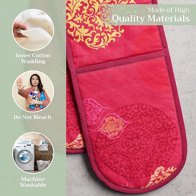 Maison d' Hermine Double Oven Mitt (7" x 35") 100% Cotton Heat Resistant BBQ Cooking Gloves with Loop for Thanksgiving Christmas Decorations Baking Cooking Barbeque Handling Hot Pan (Versailles)