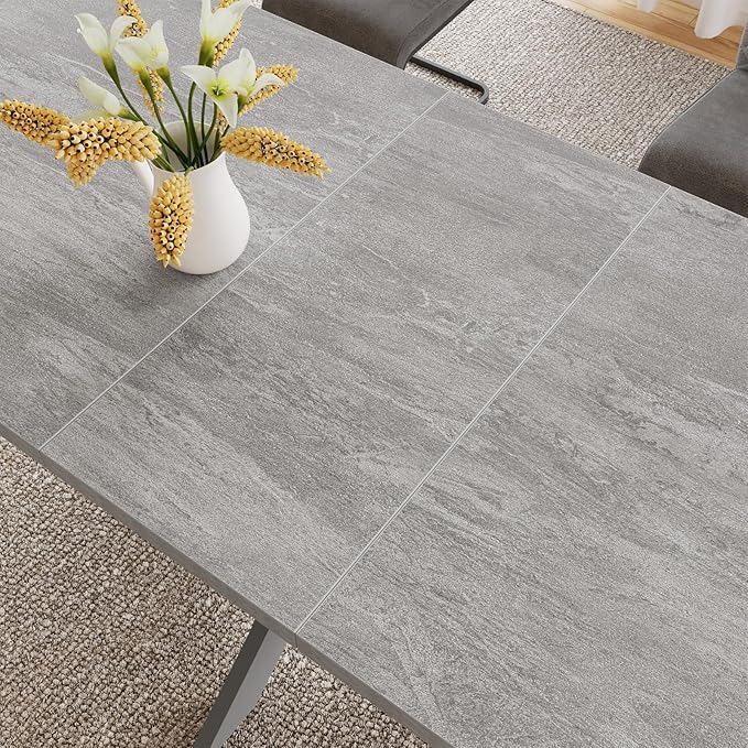 ZckyCine 79" Farmhouse Rustic Expandable Wood Dining Table with 6 Leather Chairs, Rectangular Table for Dining Room & Home Office