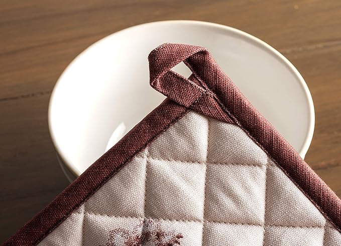 Maison d' Hermine 100% Cotton Oven Mitt & Pot Holder Set (7.5"x13" & 8"x8") Heat Resistant BBQ Cooking Gloves with Loop for Thanksgiving Christmas Decorations Handling Hot Pans (Holy Jouy - Brown)