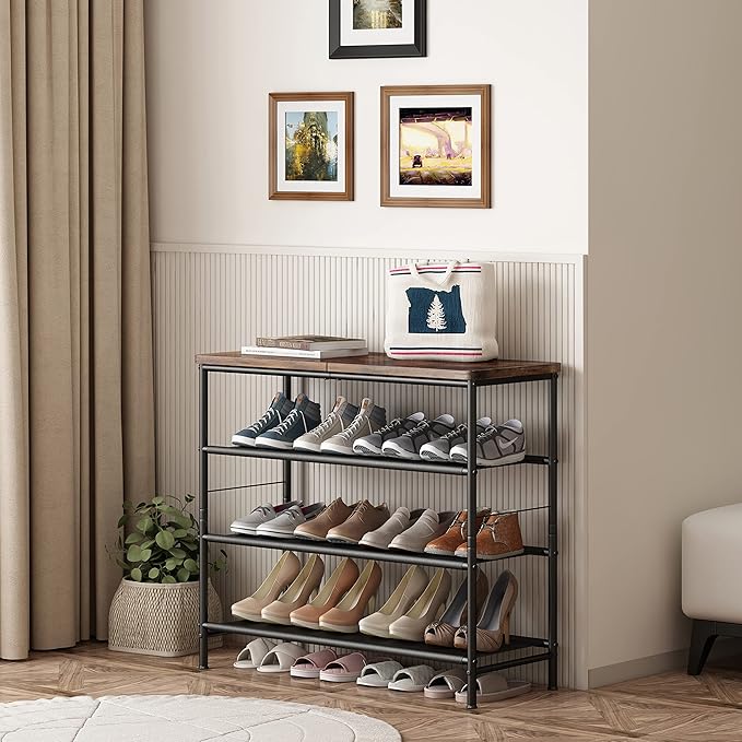 Shoe Rack Organizer 4 Tier Metal Organizer Shelf with Industrial MDF Board and Layer Fabric for Entryway Closet Bedroom Living Room Garage,Black & Rustic Brown (Black+Rustic Brown, 4 Tier)