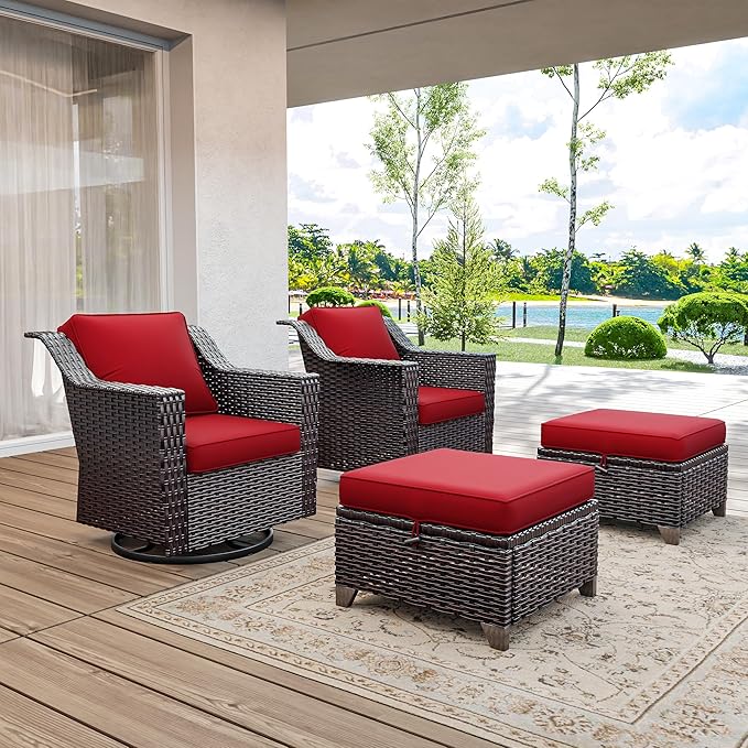 4 Pieces Wicker Patio Furniture, Luxury Outdoor Furniture with 2 Patio Swivel Chai and 2 Patio Ottoman, Wide Armrest, Thickened Cushions, Ideal for Deck, Porch Use