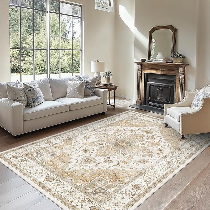 AMADA HOMEFURNISHING 6x9 Area Rugs, Beige Washable Rug Low-Profile with Non-Slip Backing & Durable Edge Binding, Vintage Rugs for Living Room, Bedroom, Dinning Room