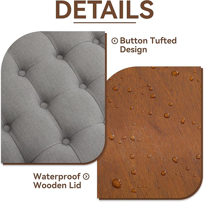 24Inch Round Storage Ottoman with Tray, Modern Tufted Fabric Circle Coffee Table with Storage, Upholstered Ottoman with Removable Top for Living Room, Bedroom, Light Grey