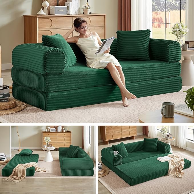 Boneless Couch Sofa Bed Sectional Couches for Living Room,Futon Cloud Couch with Sleeper Sofa,Sofas for Living Room Oversized Corduroy Upholstered (Green)