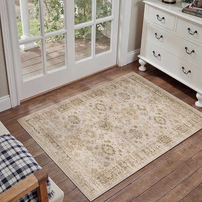 Beige 2x3 Entryway Area Rug Machine Washable Doormat Kitchen Vintage Distressed Non Slip Carpet Indoor Traditional Floral Accent Throw Small Rug for Bathroom Office Bedroom Living Dining Room