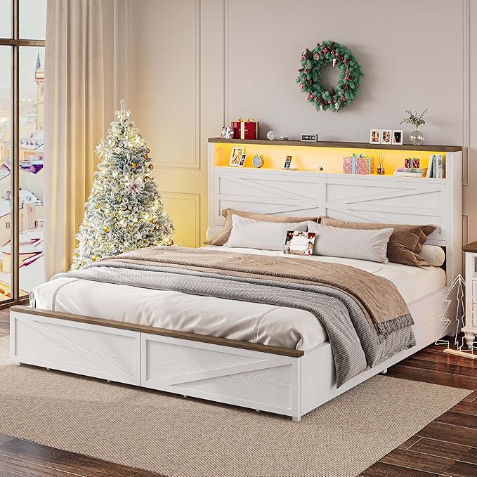 IRONCK Farmhouse King Size Bed Frame with LED Light and Charging Station, Wood Bed Frame with Storage Headboard and 2 Drawers， Barn Door Design, Sturdy and Noiseless, White