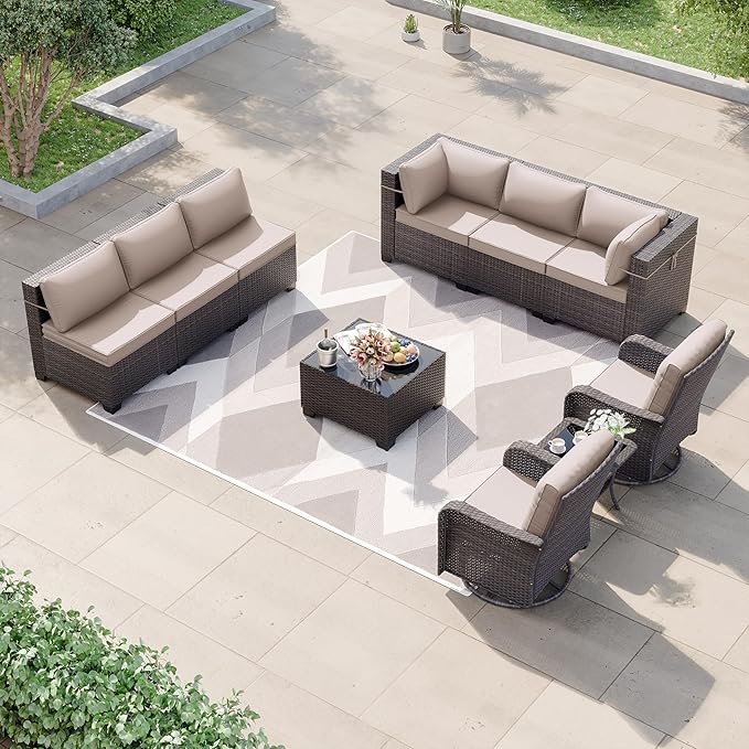 Kurapika 10 Pieces Patio Furniture Set, Rattan Wicker Sofa Set, Outdoor Conversation Sets w/Swivel Rocking Chairs Patio Sectional Sofa w/4 Inch Cushion, Sand