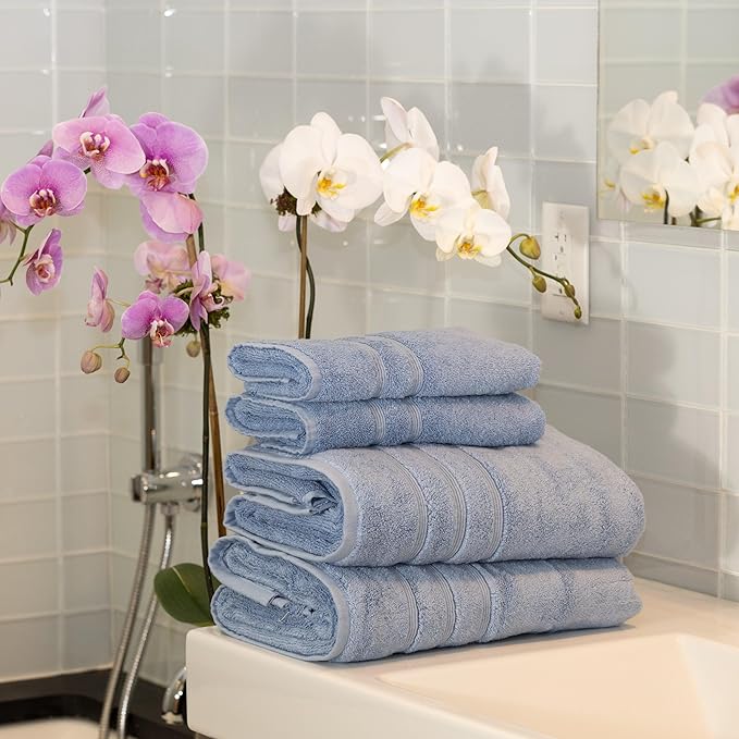 Mosobam Luxury Turkish 4pc Towel Set 30X58 16X30 Allure Blue 700 GSM Bamboo Viscose & Aegean Turkish Combed Cotton