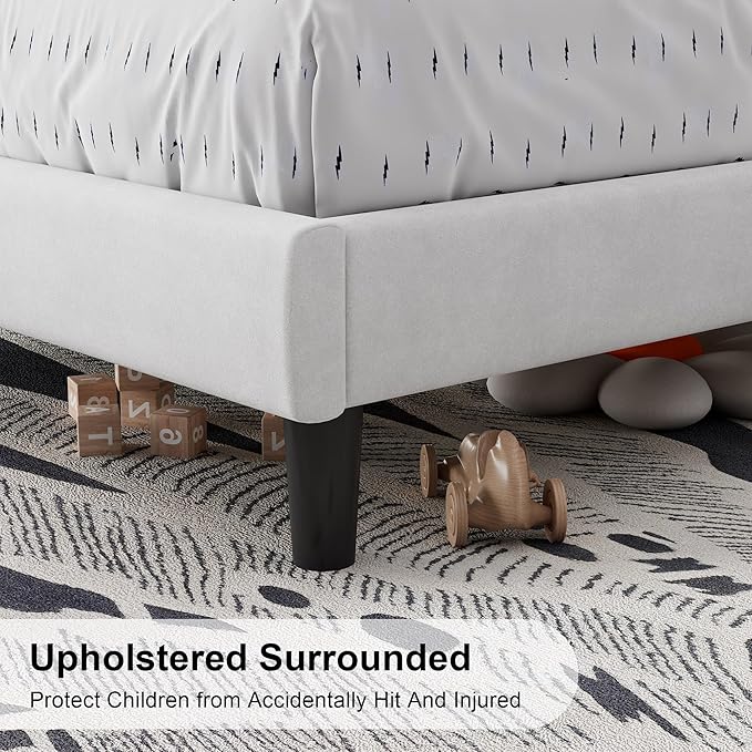 Feonase Twin Size Bed Frame with Charging Station, Upholstered Linen Bedframe with Wingback Headboard, Solid Wood Slats Support, No Box Spring Needed, Noise Free, White