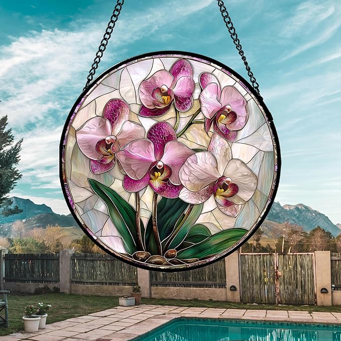 Stained Glass Window Hanging - Pink Purple Phalaenopsis Flowers Sun Catcher for Door Home Decor Plant Suncatcher Christmas Mother's Day Birthday Gifts for Women Men Mom Nana 15 in