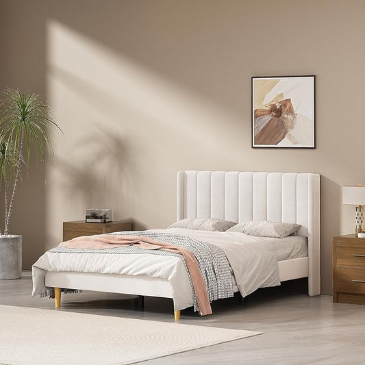 Full Size Upholstered Platform Bed Frame with Modern Wingback & Vertical Panel Headboard, Velvet Fabric, Wooden Legs & Slats Support, No Box Spring Needed, Noise-Free & Easy Assembly, Cream