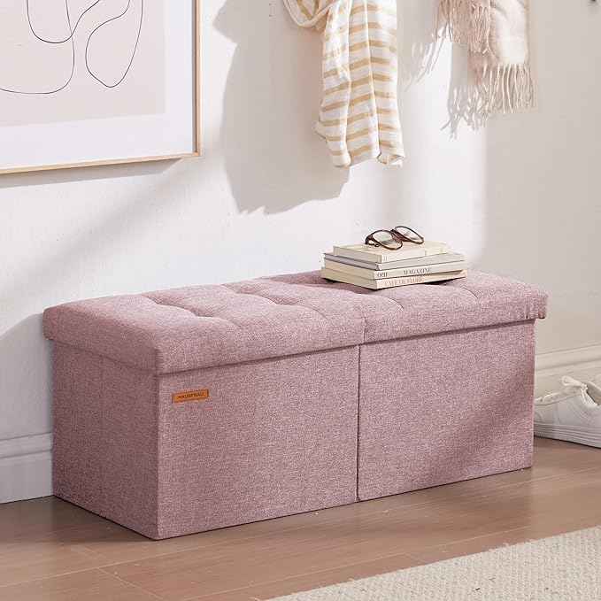 HAUSFRAU 31.5 Inches Ottoman with Storage Bench, Folding Ottoman Bench Small Foot Rest Stool, Bedroom Bench with Flipping Lid, Linen Nude