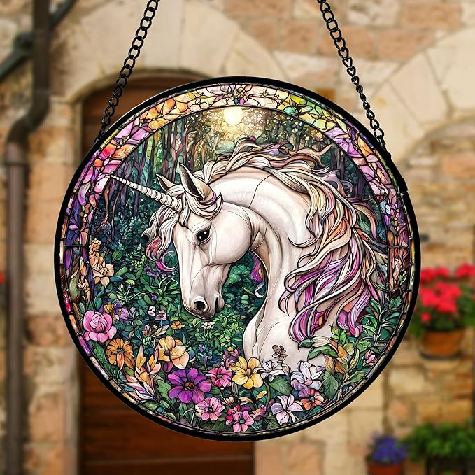 Stained Glass Window Hanging, Unicorn Flowers Suncatcher for Doors Home Sun Catchers Decoration and Christmas, Mother's Day Birthday Gifts for Women, Men, and Mom 6.3 in