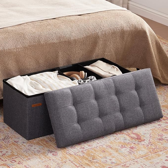 HAUSFRAU 31.5 Inches Ottoman with Storage, Folding Ottoman Bench Small Foot Rest Stool, Bedroom Bench with Flipping Lid, Linen Grey