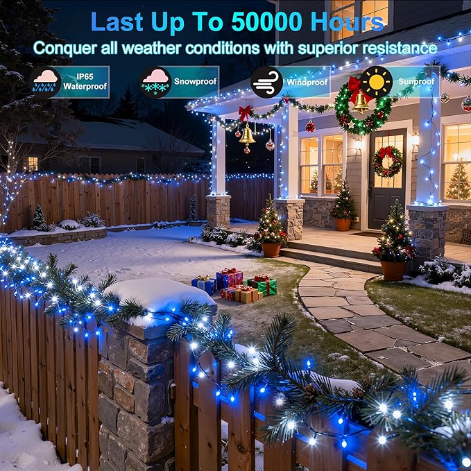 240FT 750LED Christmas Lights,12 Modes Blue and Cool White Outdoor String Lights with Timer & Dimmable, Waterproof Green Wire Christmas String Lights for Tree Xmas Patio Fence Wedding Party Decor