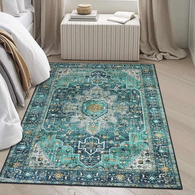 Moynesa Ultra-Thin Washable Area Rug - 4x6 Teal Living Room Rug Oriental Rugs for Bedroom, Non Slip Non Shedding Low Pile Entryway Carpet for Bedroom Dressing Room Office