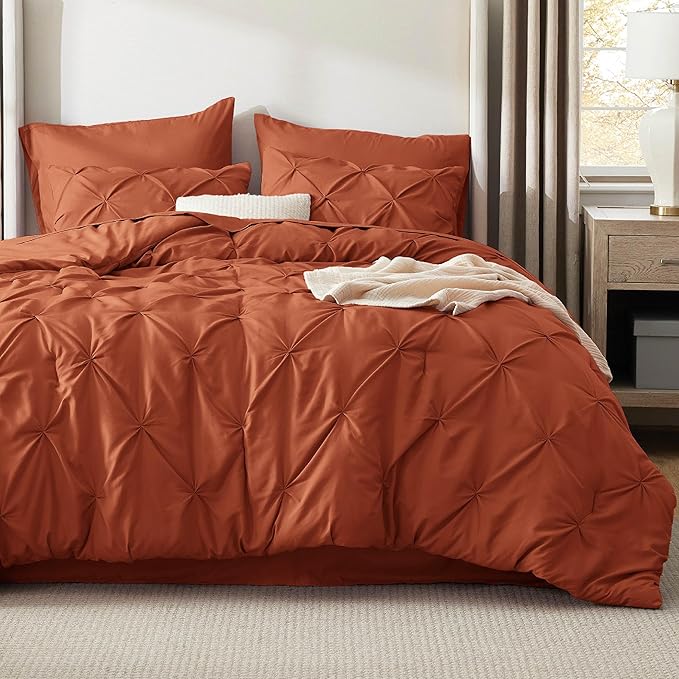 Bedsure Queen Comforter Set Burnt Orange - Bed in a Bag Queen Size Bedding 7 Pieces, GentleSoft™ Pintuck Bed Set Gift for Family, Pinch Pleat Burnt Orange Comforter with Sheets, Pillowcases & Shams