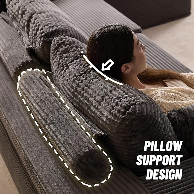 107" Boneless Couch with Deep Seat, Modular Sectional Sofa, Cloud Sectional Couch for Living Room, No Assembly Required, Corduroy, L-Shape Right?Grey