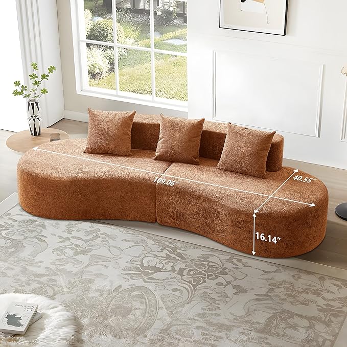 109'' Curved Couch, Mid Century Modern Half Moon Sofa, Luxury 3-Seat Couch with High-Density Foam Filled, Raindrop Velvet Fabric Sectional Sofa for Living Room, Apartment, Office, Orange