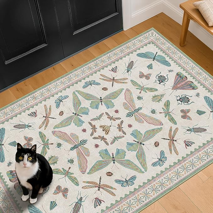 Washable Sage Green Large Entryway Rug, 3x4 Area Rugs for Laundry Room, Kitchen, Bedroom, Dorm, Insect Print Vintage Floral Non-Slip Throw Rug Low Pile Stain Resistance