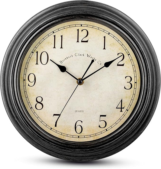 Bernhard Products Vintage Wall Clock Silent Non Ticking - 12 Inch Quality Quartz Battery Operated Decorative Rustic Black Clock for Home Kitchen Living/Dining Room Office Decor, Easy to Read