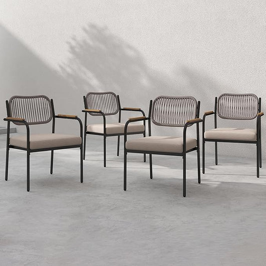 Outdoor Dining Chairs Set of 4, Wicker Patio Dining Chairs with Removable Cushions, Rectangle Patio Table Chair, All Weather Outdoor Chairs, Metal Lawn Chair for Adults/Indoor/Deck, Beige
