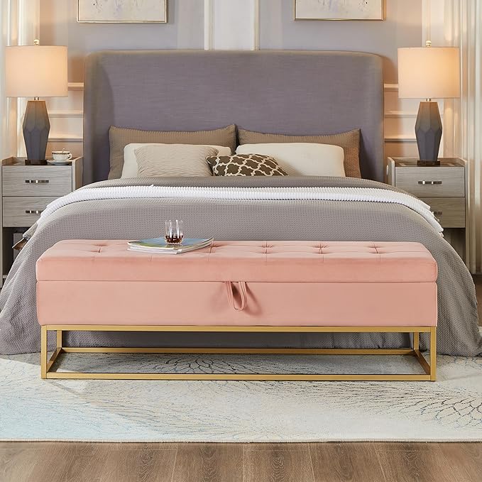 mikibama Velvet Storage Bench,58.6" Long Ottoman with Storage for Living Room,Tufted Storage Benches for Bedroom End of Bed,Entryway,Rectangle Window Seating Bench with Storage. (Velvet Pink)