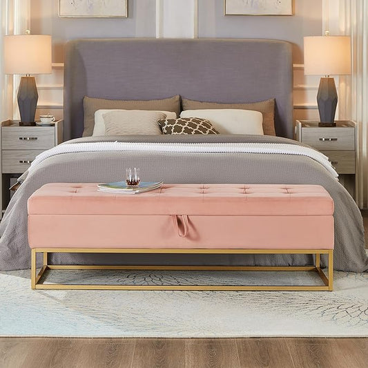 mikibama Velvet Storage Bench,58.6" Long Ottoman with Storage for Living Room,Tufted Storage Benches for Bedroom End of Bed,Entryway,Rectangle Window Seating Bench with Storage. (Velvet Pink)
