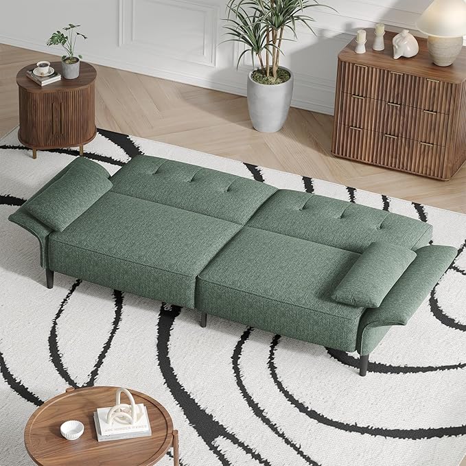 89” Futon Sofa Bed,Comfy Futon Couch Bed with 2 Square Pillows,Convertible Sleeper Sofa with Adjustable Backrest& Armrests, Modern Loveseat Sleeper for Living Room, Bedroom, Linen Green