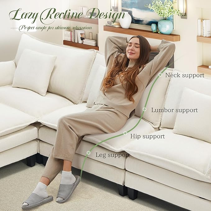 Modular Sectional Sofa, Comfy Cloud Couch with Movable Ottoman, Deep Seat Couches for Living Room, Bedroom and Apartment, 106" U Shaped Modern Sofa with Pillows, Beige