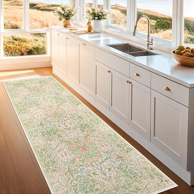 Vintage Beige Green 2'6" x 8' Runner Rug for Kitchen, Hallway, Bathroom, Entryway Indoor, Laundry Room, Washable Non Slip Rubber Backing Stain Resistant