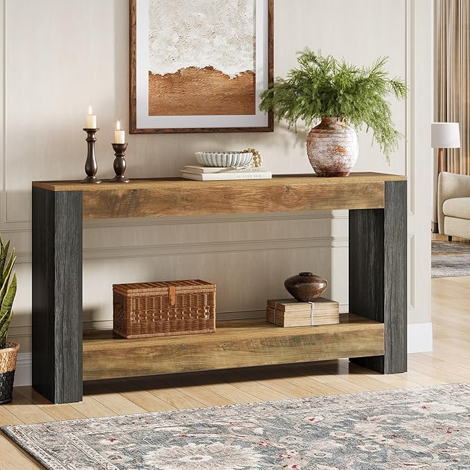 Tribesigns 63-Inch Long Console Table for Entryway, Farmhouse Wood Sofa Table Behind Couch for Living Room, Hallway, Entrance, Foyer, Rustic Brown & Black