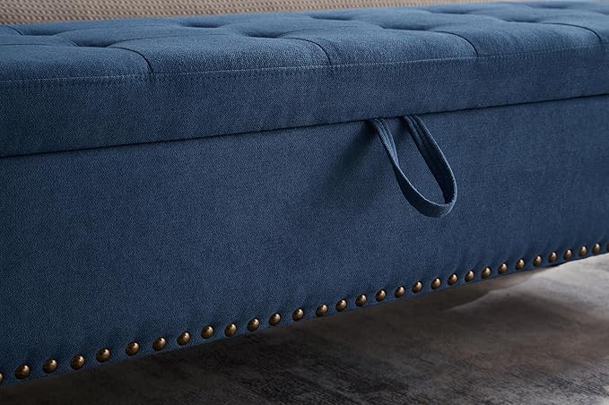 mikibama Linen Storage Bench for Bedroom End of Bed,59" Long Tufted Bed Bench with Storage,Modern Mid Century Storage Ottoman Bench for Window,Entryway,Living Room Solid Wood Legs (Blue)