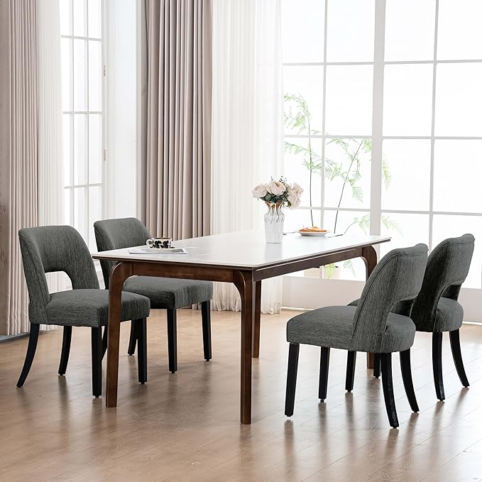 VKNOW Wooden Dining Chairs Set of 4, Modern Fabric Upholstered Dining Room Chair Kitchen Chairs, Farmhouse Dinner Chair for Kitchen Dining Room, Dark Grey-Black Legs