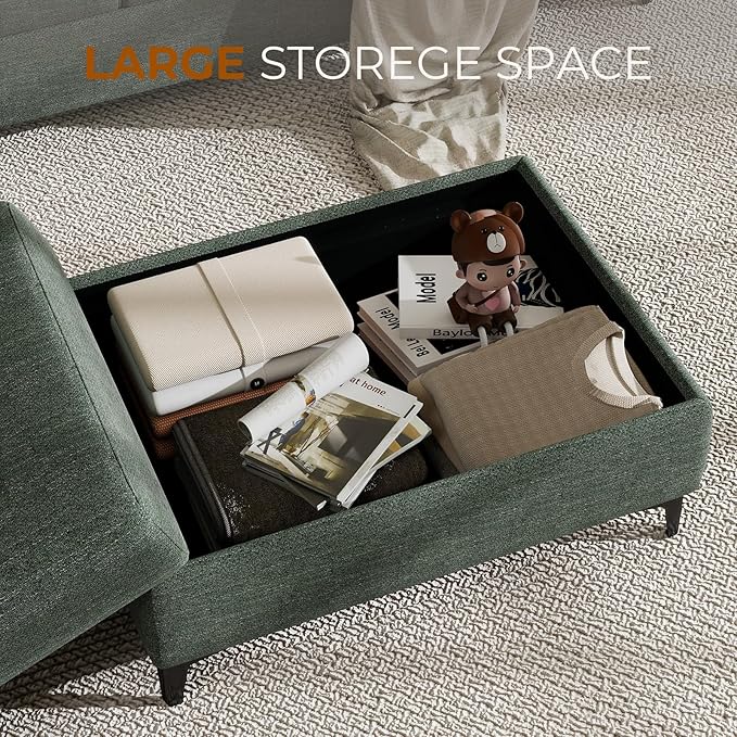 35" Large Storage Ottoman for Living Room, 7.8" Deep Seat Rectangular Ottoman Foot Rest for Couch, Chenille Storage Footstool Load 350 lb （Green）