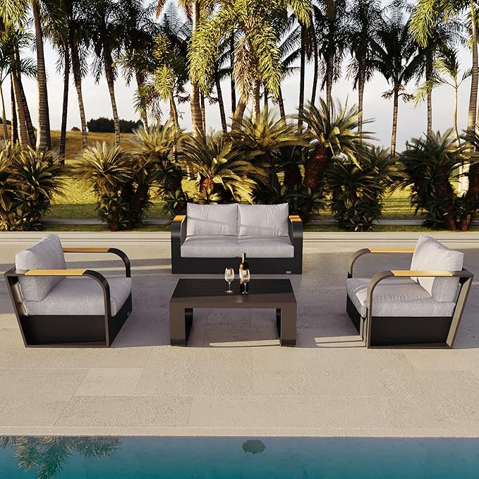 EAST OAK 4-Piece Patio Furniture Set, Modern Outdoor Conversation Set with Aluminum Frame, Deep Seating Loveseat & Coffee Table, All-Weather Patio Sofa Set for Porch, Balcony, Backyard - Dark Grey