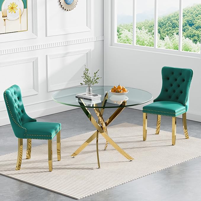 Goujxcy 3 Piece Round Glass Dining Table Set for 2, 36" Round Dining Table & Chair Set Modern Circle Glass Kitchen Table and 2 Velvet Upholstered Chairs for Kitchen Dining (Gold Table & Green Chair)