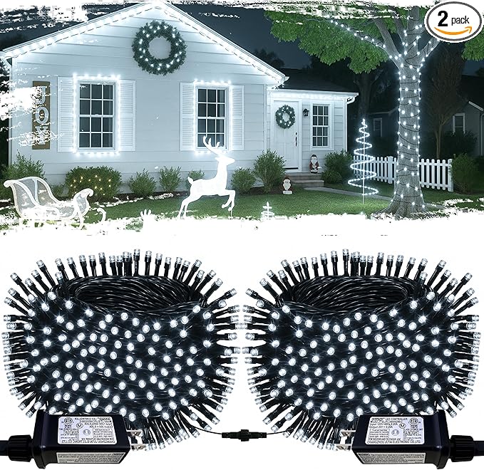 2-Pack Connectable 210FT 600LED Christmas String Lights Waterproof, Twinkle Lights with 8 Modes, Bright Indoor String Lights, String Lights Outdoor Green Wire for Holiday Party Christmas Decorations