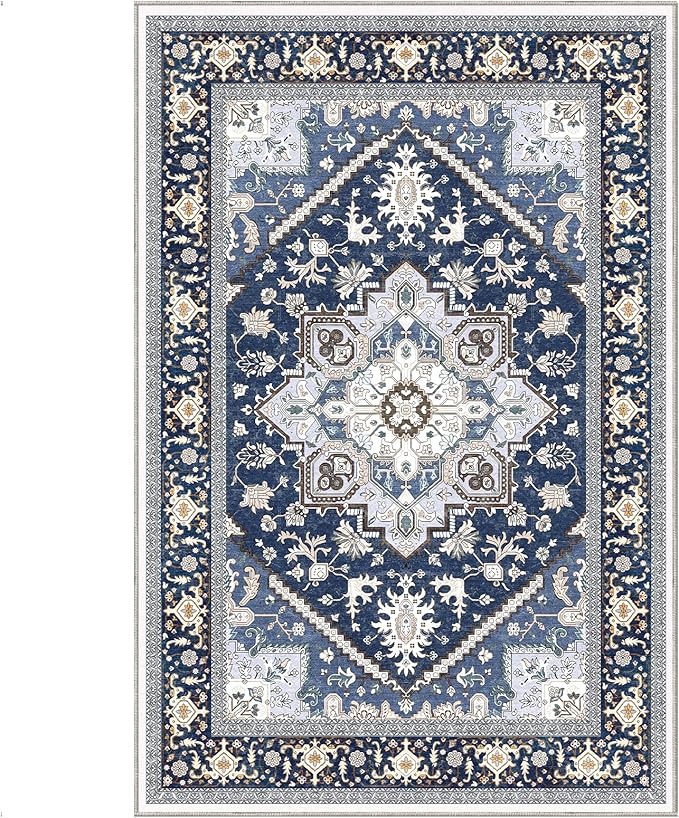 OPPODREAM Thin Area Rugs 4x6, Low-Pile Washable Rugs 4x6 with Non Slip Backing, Faux Cashmere 4 x 6 Throw Carpet, Navy Blue & Gold