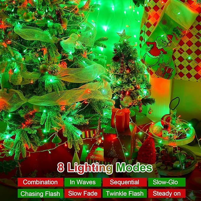 QITONG Red and Green Christmas Light Outdoor Waterproof, 165ft 500 LED Clear Wire String Lights Indoor, 8 Modes Christmas Tree Light Plug-in